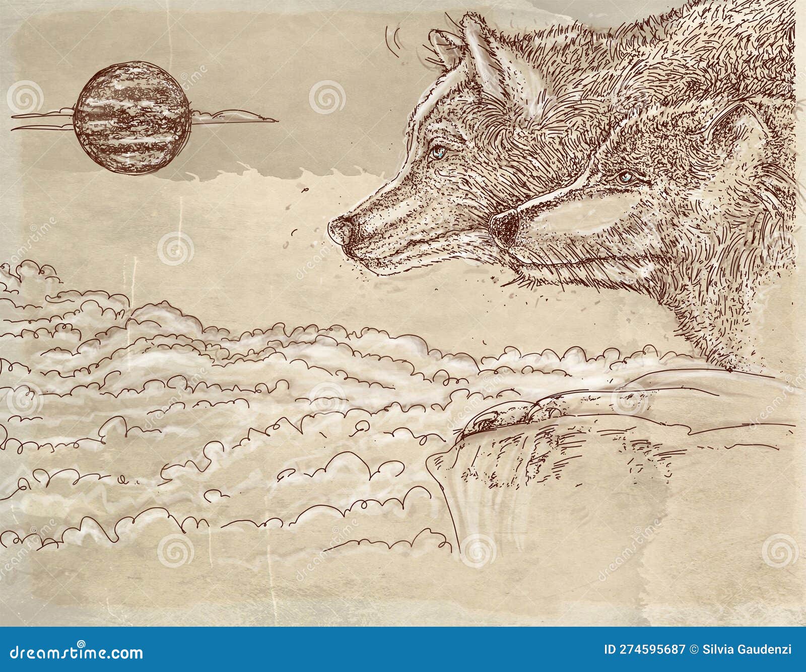 sketch of a wolf with the planet in the background..  .