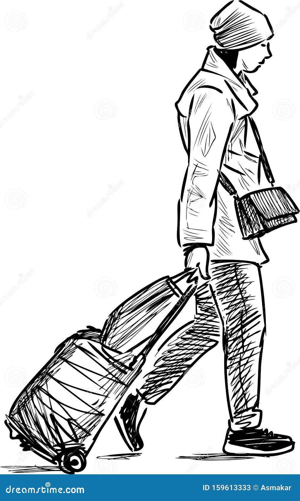 sketch of woman vacationer walking with her baggage