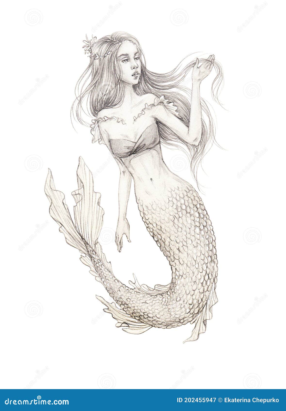 Mermaid Girl with Long Straight Hair with Scales on Her Tail and Fins  Fantasy Image Pencil Drawing Stock Image - Image of gentle, pencil:  202455947