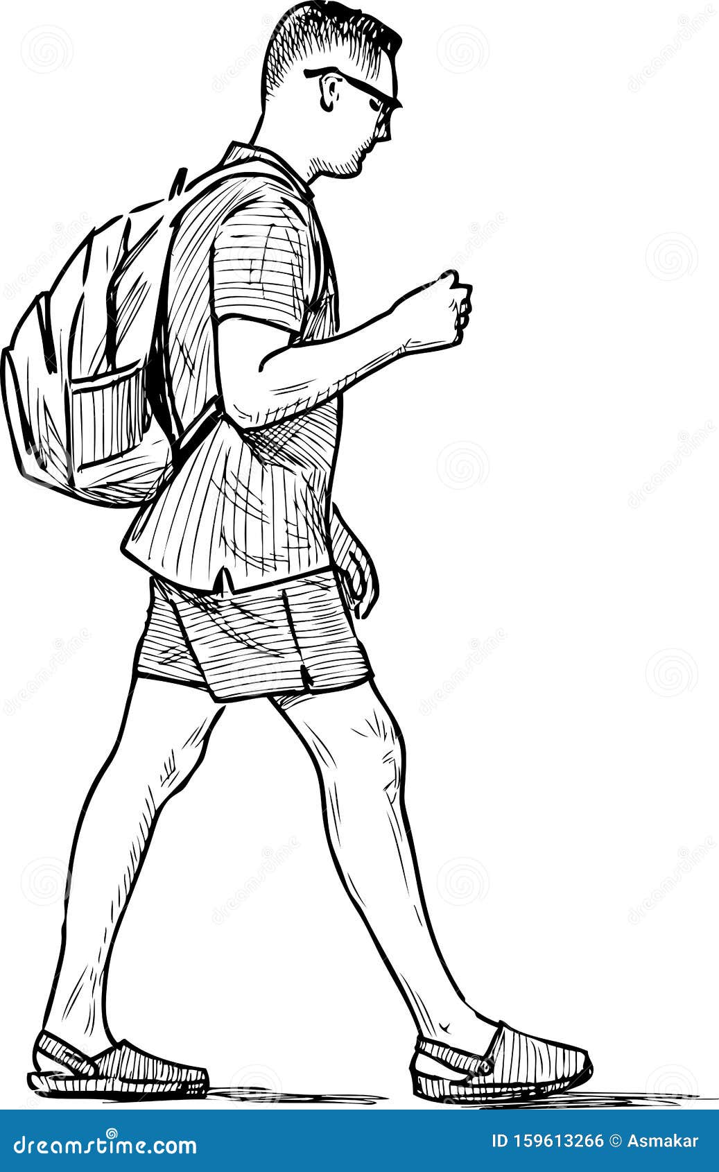 sketch of man vacationer with backpack walking for stroll