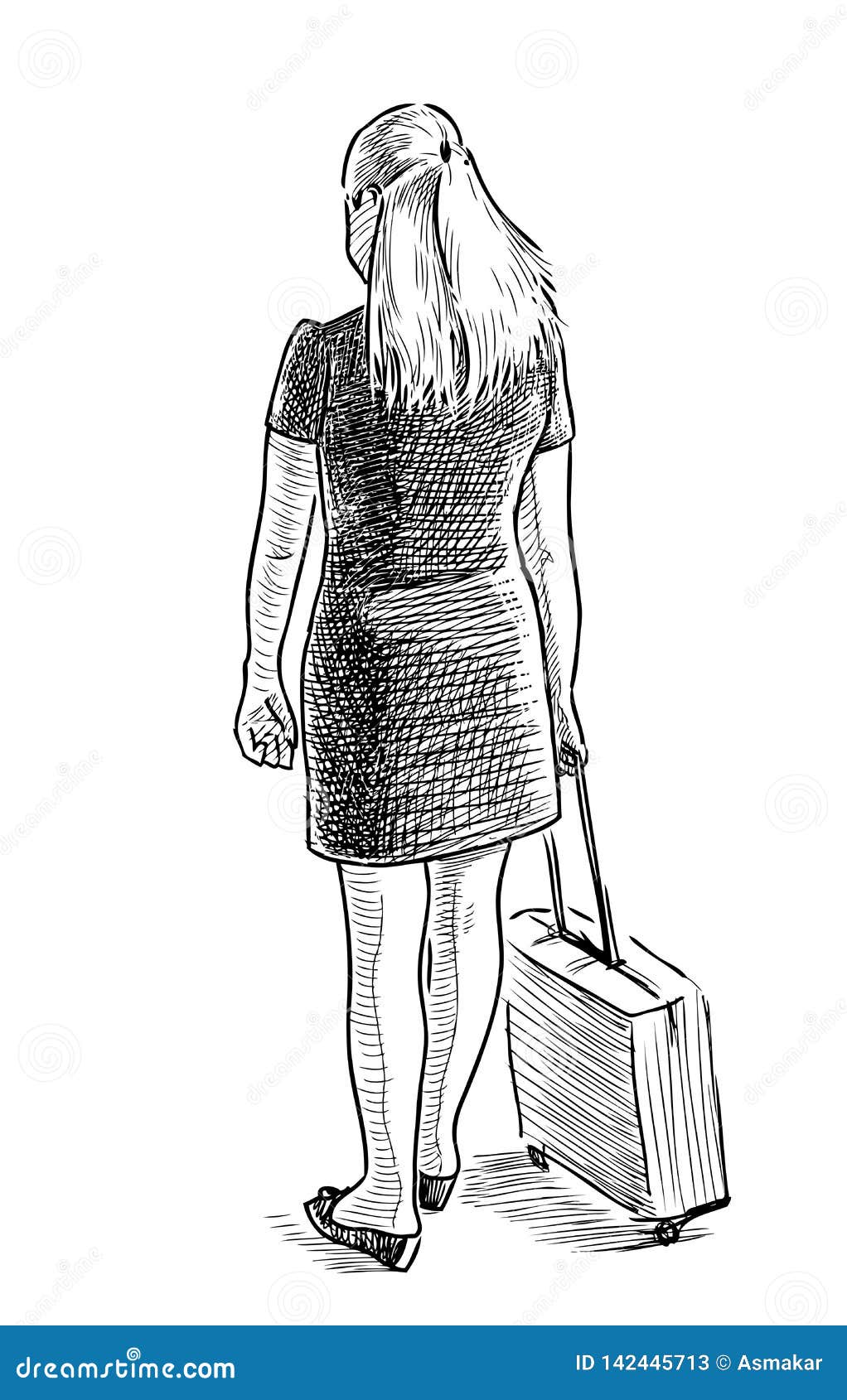 Sketch of a Young Woman with a Suitcase Stock Vector Illustration of