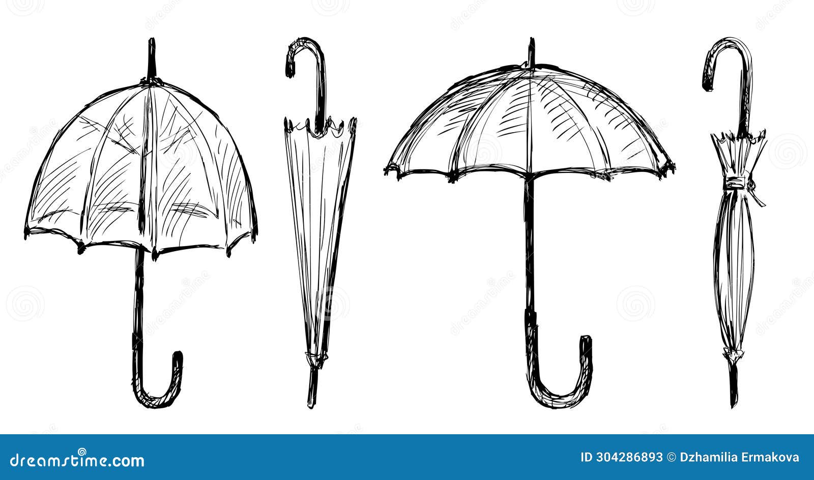 Sketches of Closed and Opened Umbrellas, Hand Drawn Vector Illustration