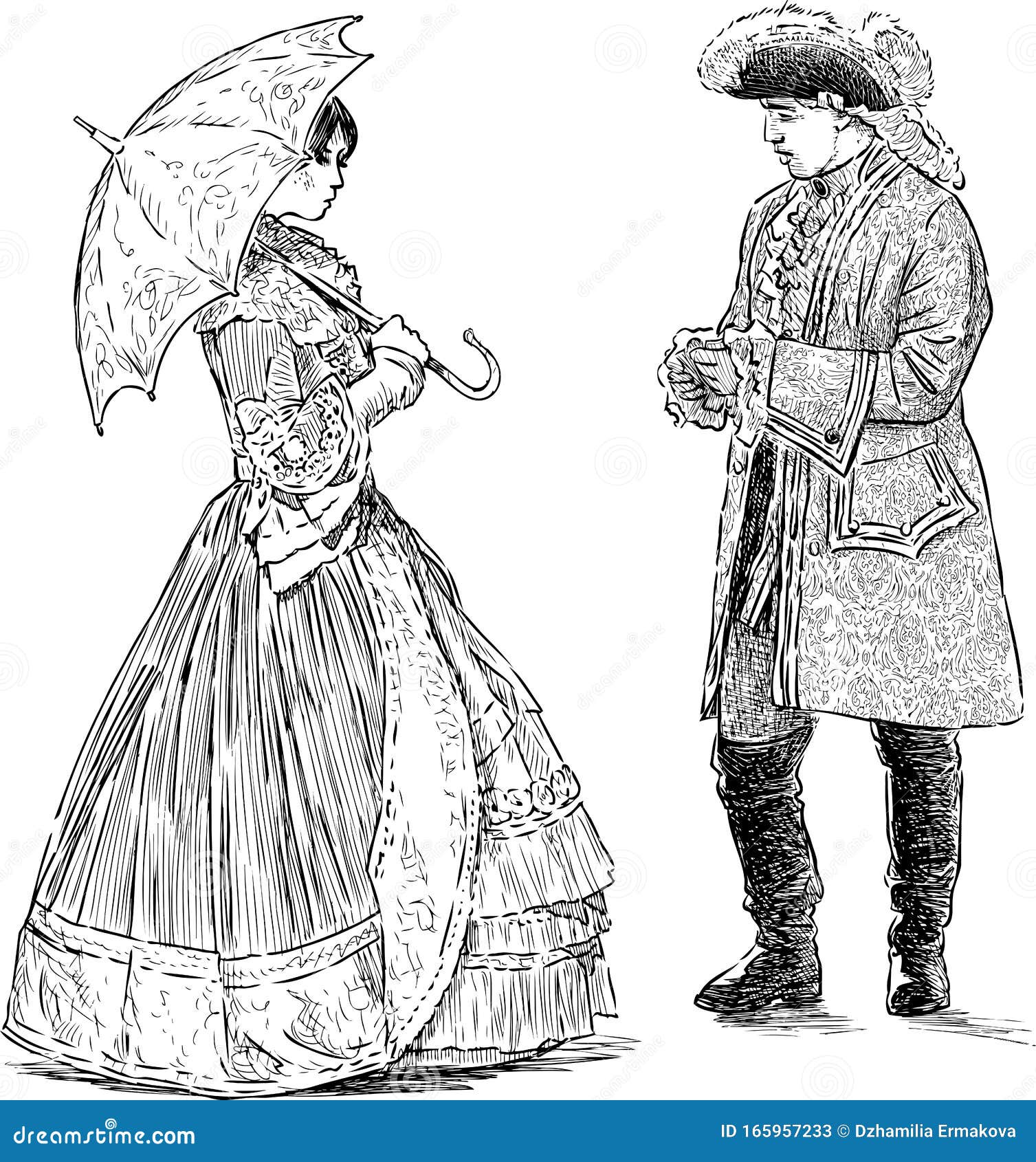 sketches of people couple in luxury clothing of 18th century standing and talking