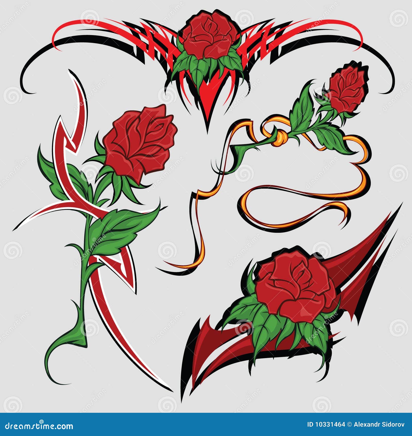 Sketches tattoo. Selection of sketches with colours of a rose both tribal for registration and tattoo