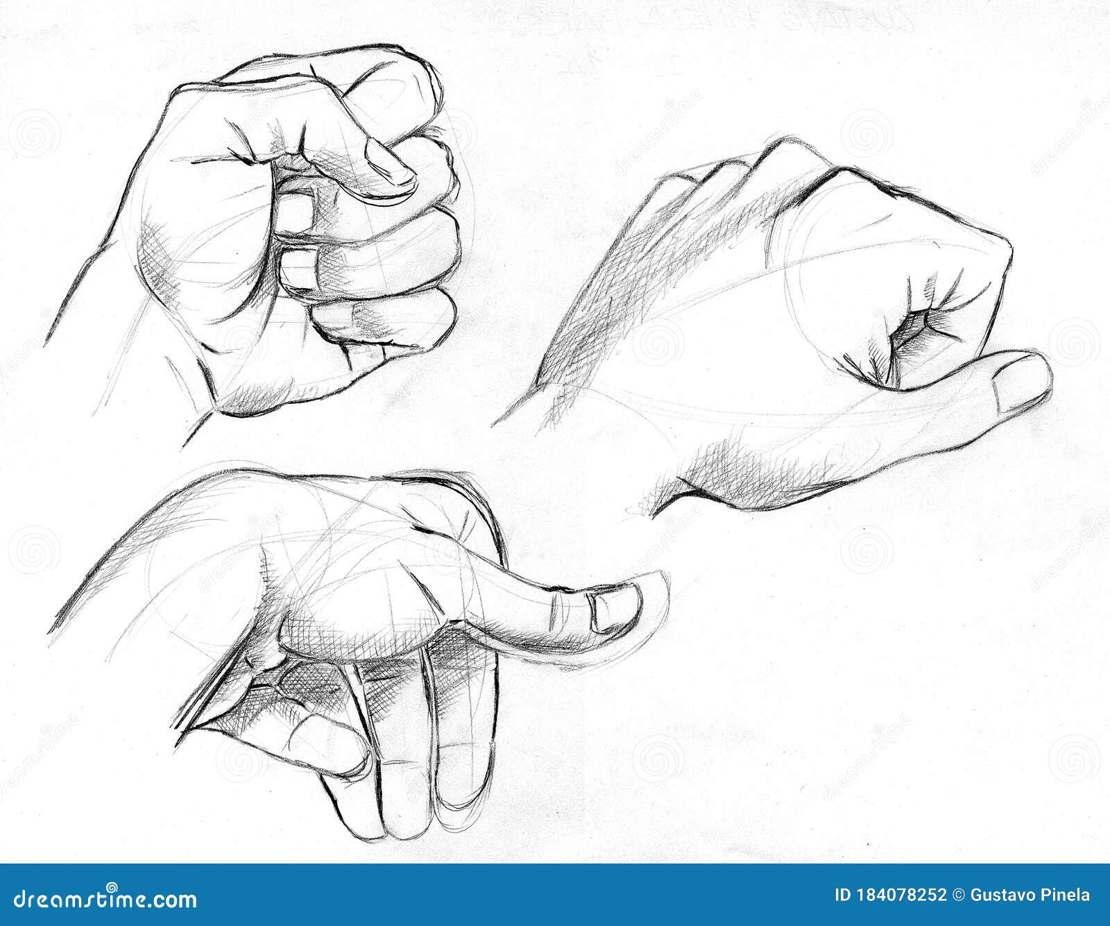 sketches of three hands in pencil