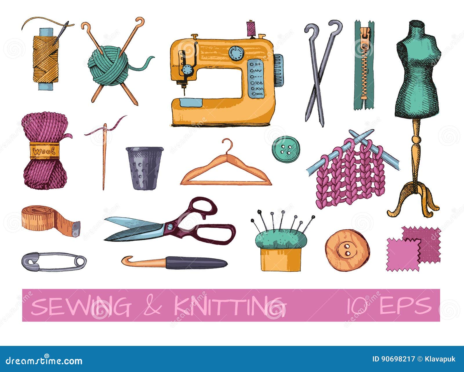 Sketches of Tools and Materials for Sewing and Knitting Stock Vector