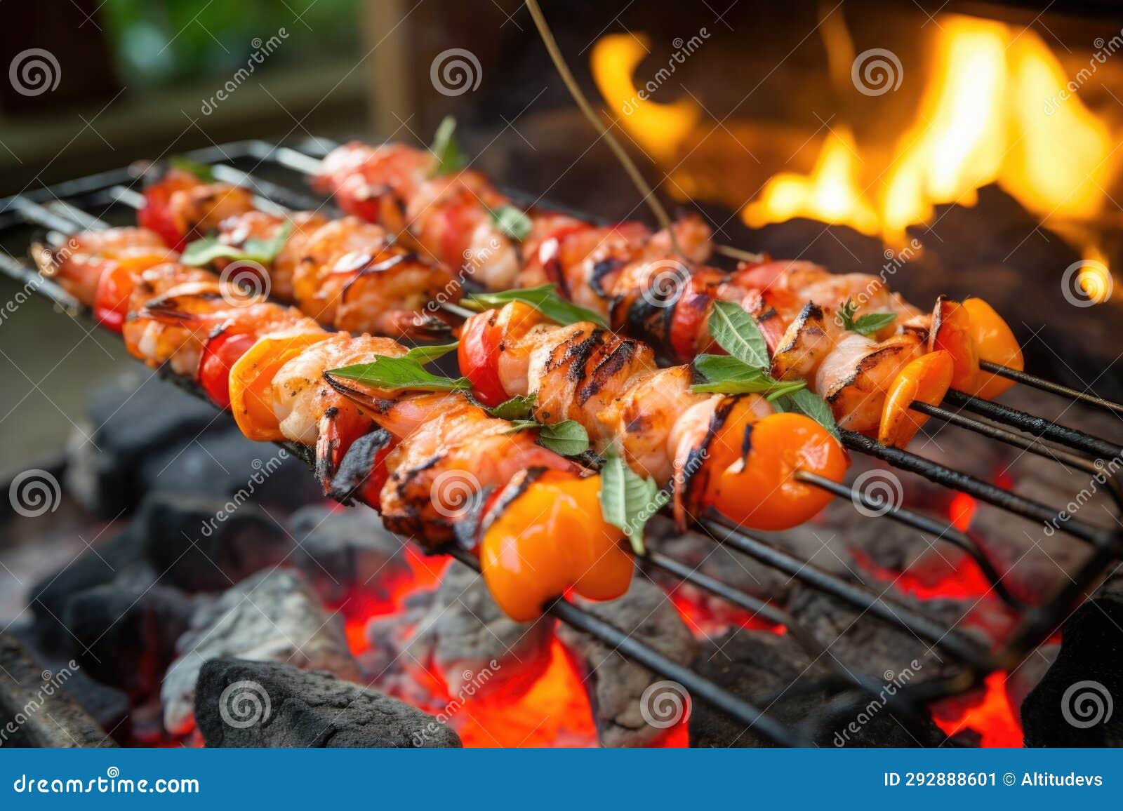 Raw Shrimp Grilling On The Metal Grill Grate In The Thai Charcoal Stove