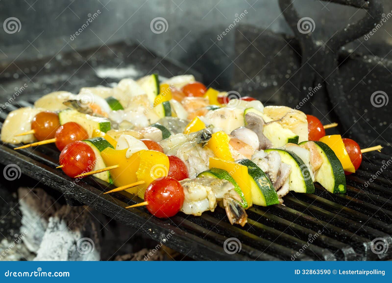 Skewers of Seafood Grilling Stock Photo Image of beef, prawns 32863590