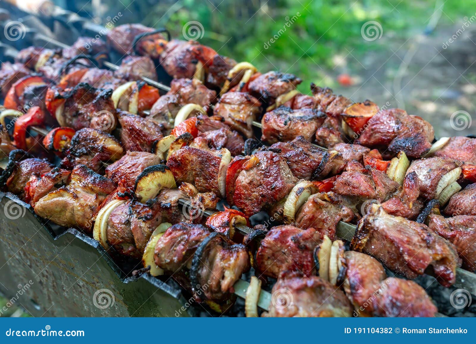 Skewers Uncooked in Nature on Skewers in the Open Air. Shashlyk Stock ...