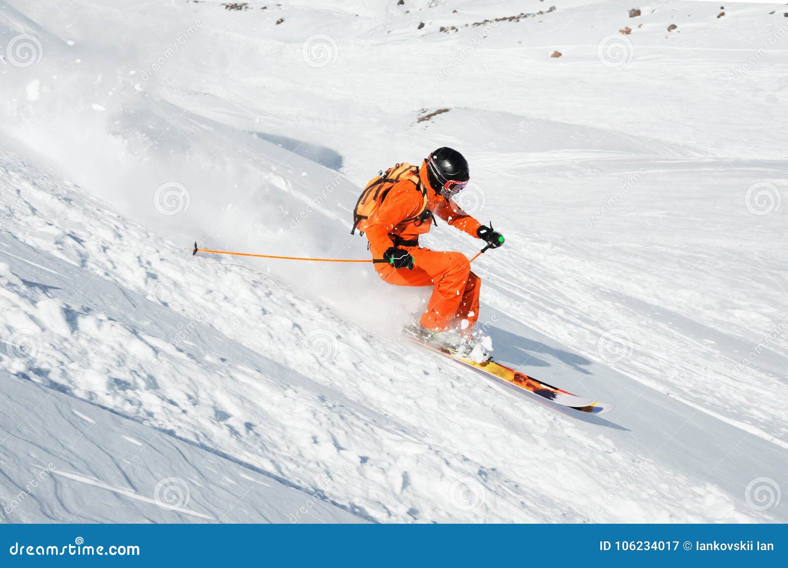 Ski Athlete in a Fresh Snow Powder Rushes Down the Snow Slope Stock ...