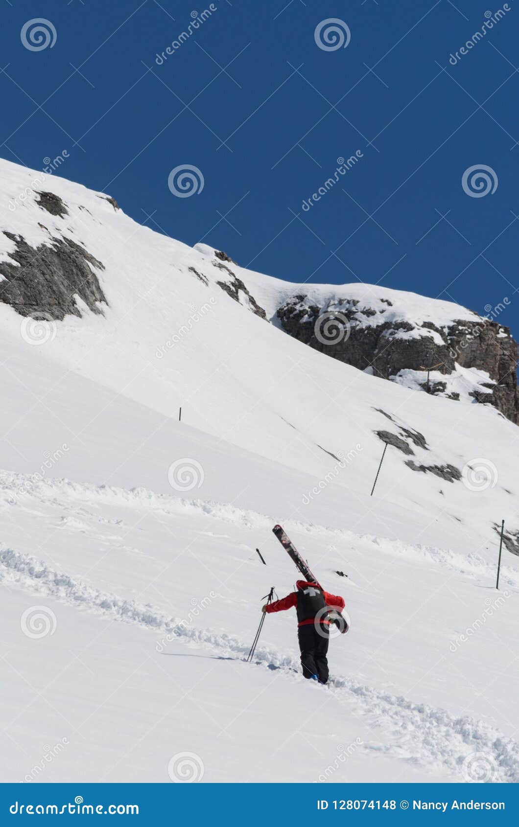 Ski Patrol Climbing Up a Mountain Slope Carrying Large Skis Stock Photo ...