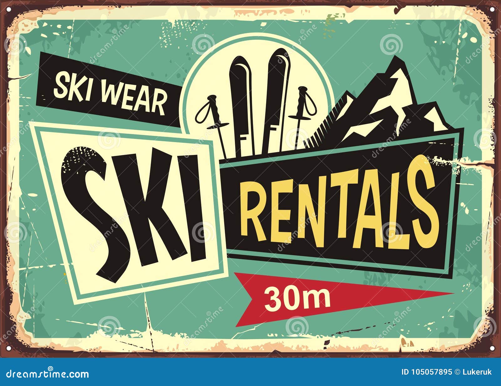 ski rentals retro tin sign 