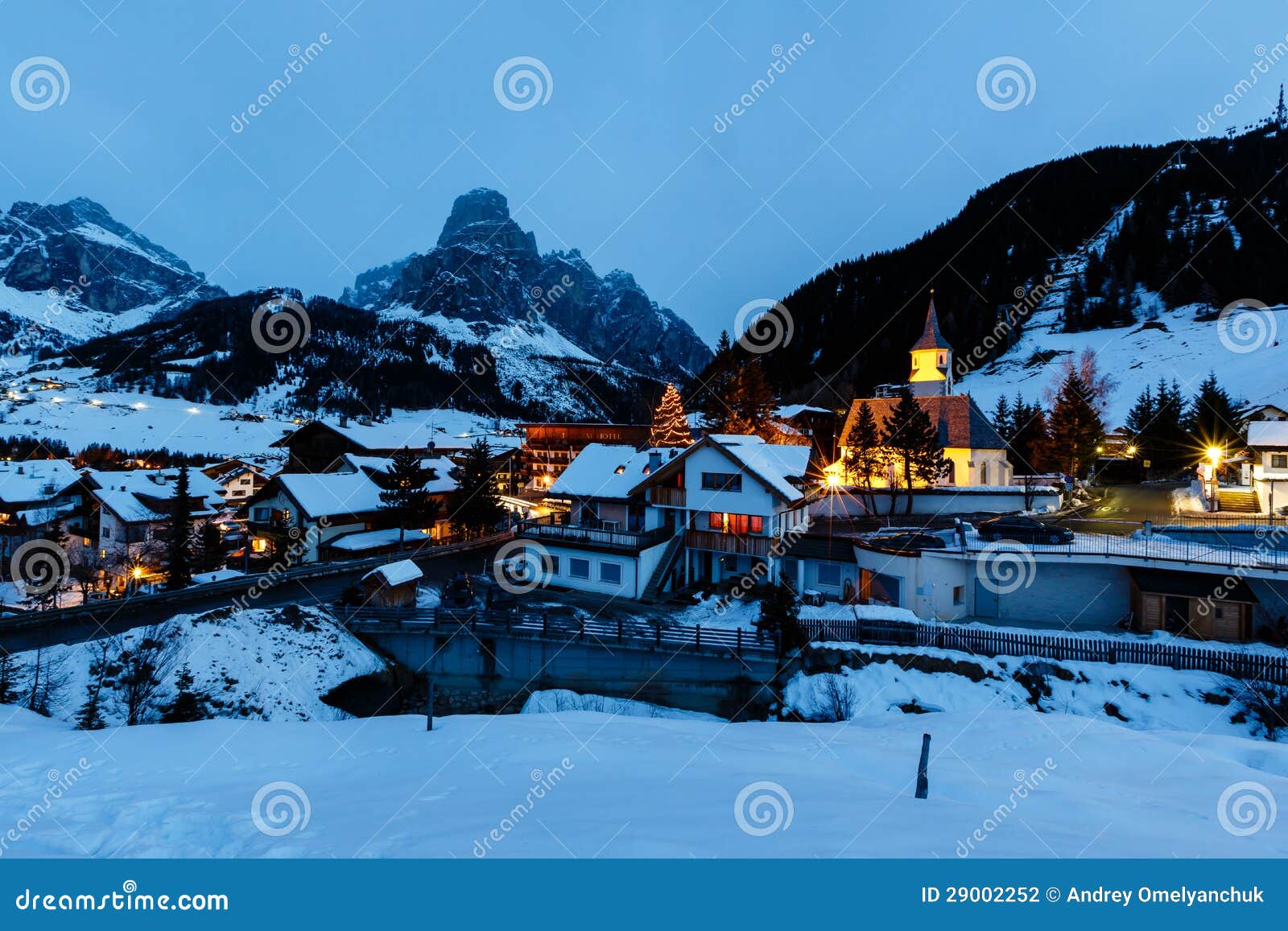 ski resort of corvara at night, alta badia