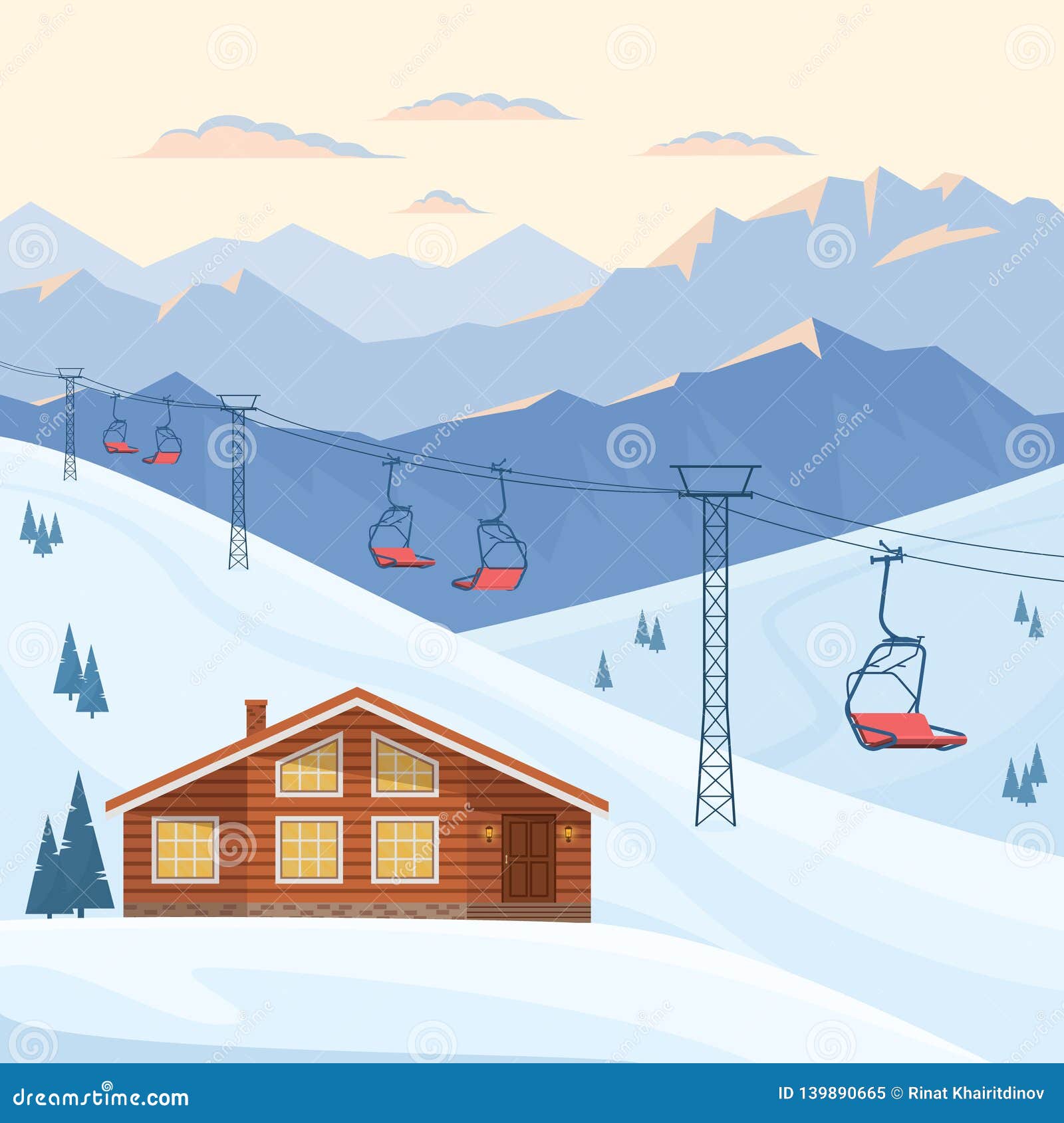 ski resort with red chair lift, house, chalet, winter mountain evening and morning landscape, snow.