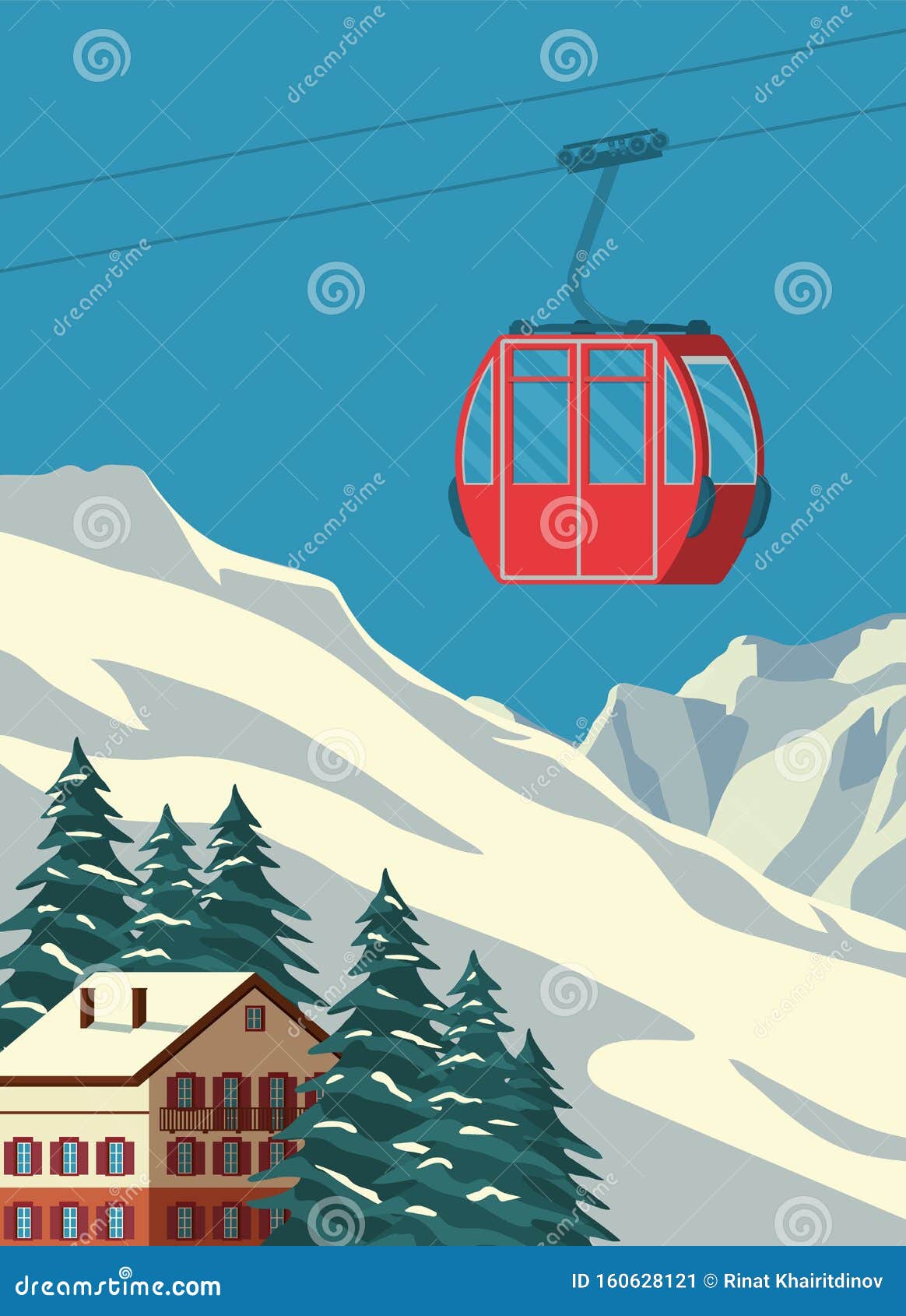ski resort with red gondola lift, chalet, winter mountain landscape, snowy slopes. alps travel retro poster, vintage.