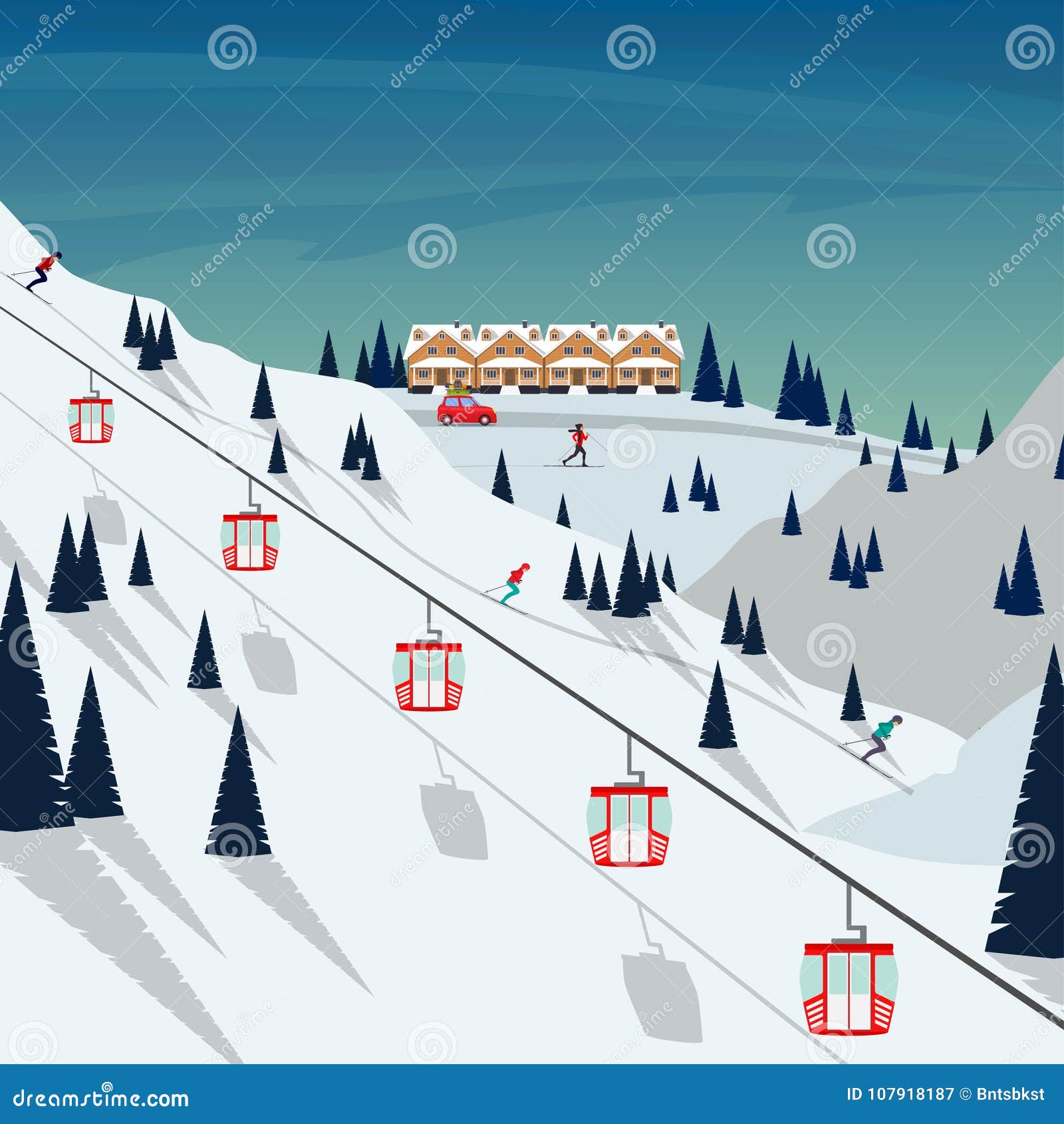 ski resort snow mountain landscape, skiers on slopes, ski lifts. winter landscape with ski slope covered with snow, trees and moun