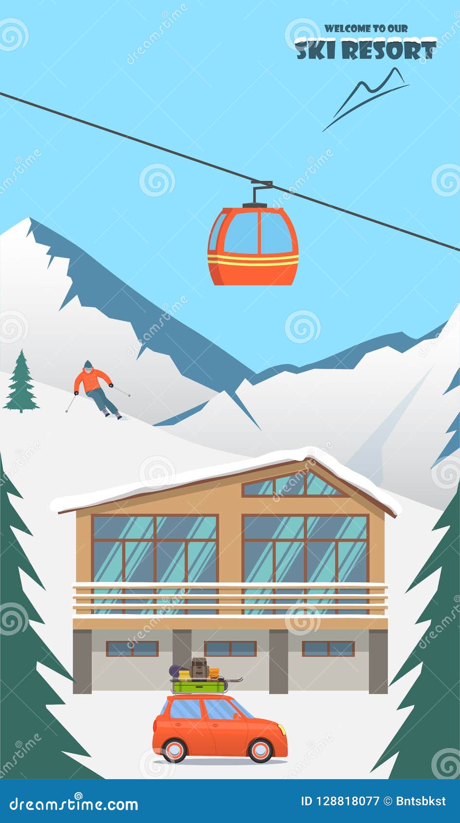 Ski Resort. Winter Mountain Landscape with Lodge, Ski Lift, Skier ...