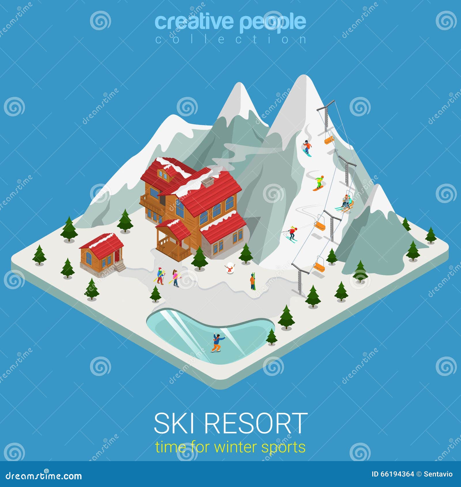 ski resort winter mountain sport flat isometric  snowboard