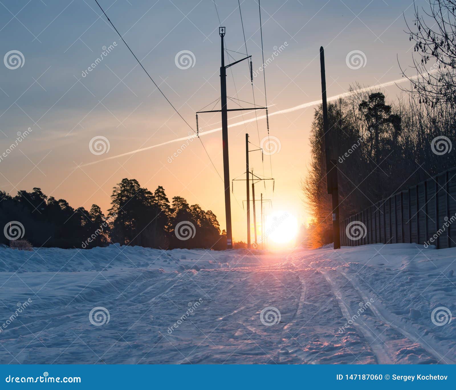 Ski Track on Snow Surface Against the Rising Sun Stock Photo Image of
