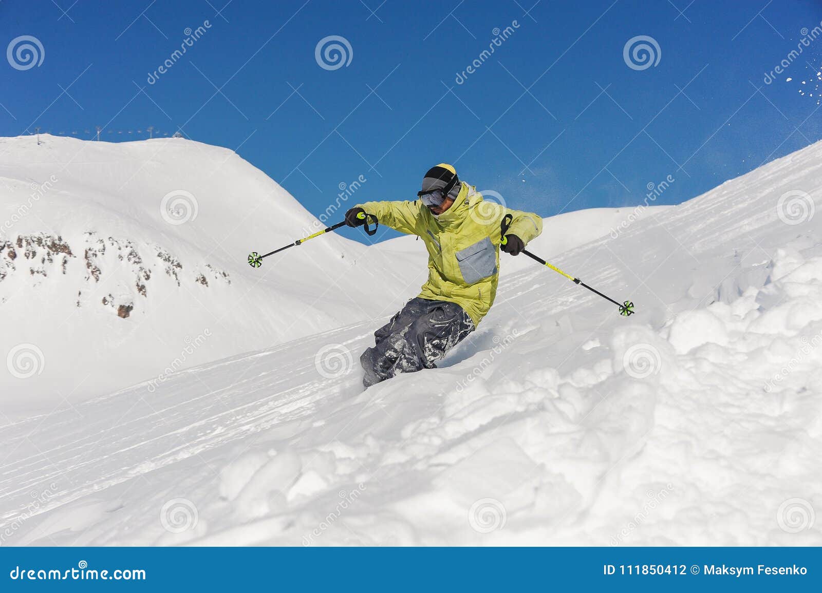 Skier Jumping into the Snowdrift on the Mountain Slope in Gudauri ...