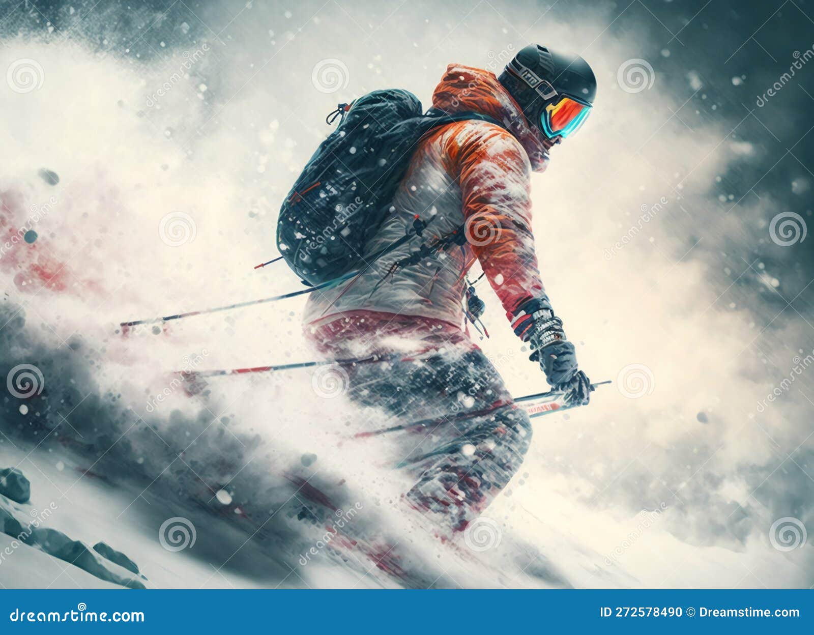 A Skier in Motion Going Down a Snowy Slope, Generated Ai Stock