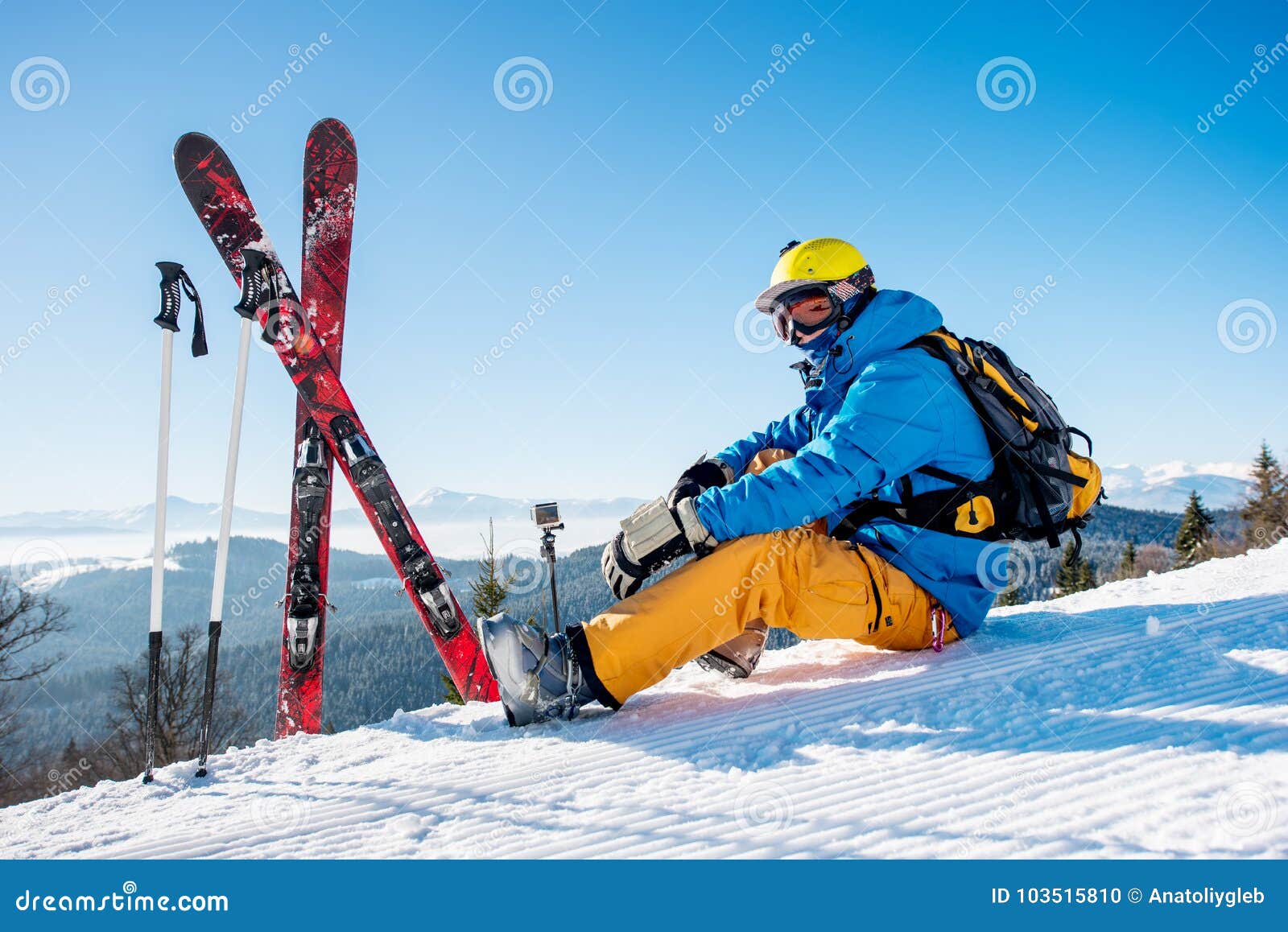 Skier Resting On Top Of The Mountain Stock Photo - Image ...