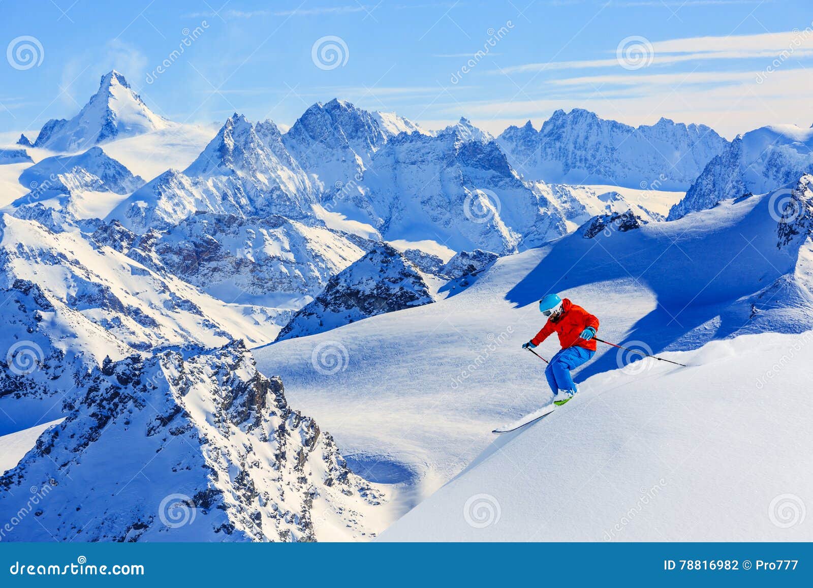 skiing with amazing view of swiss famous mountains.