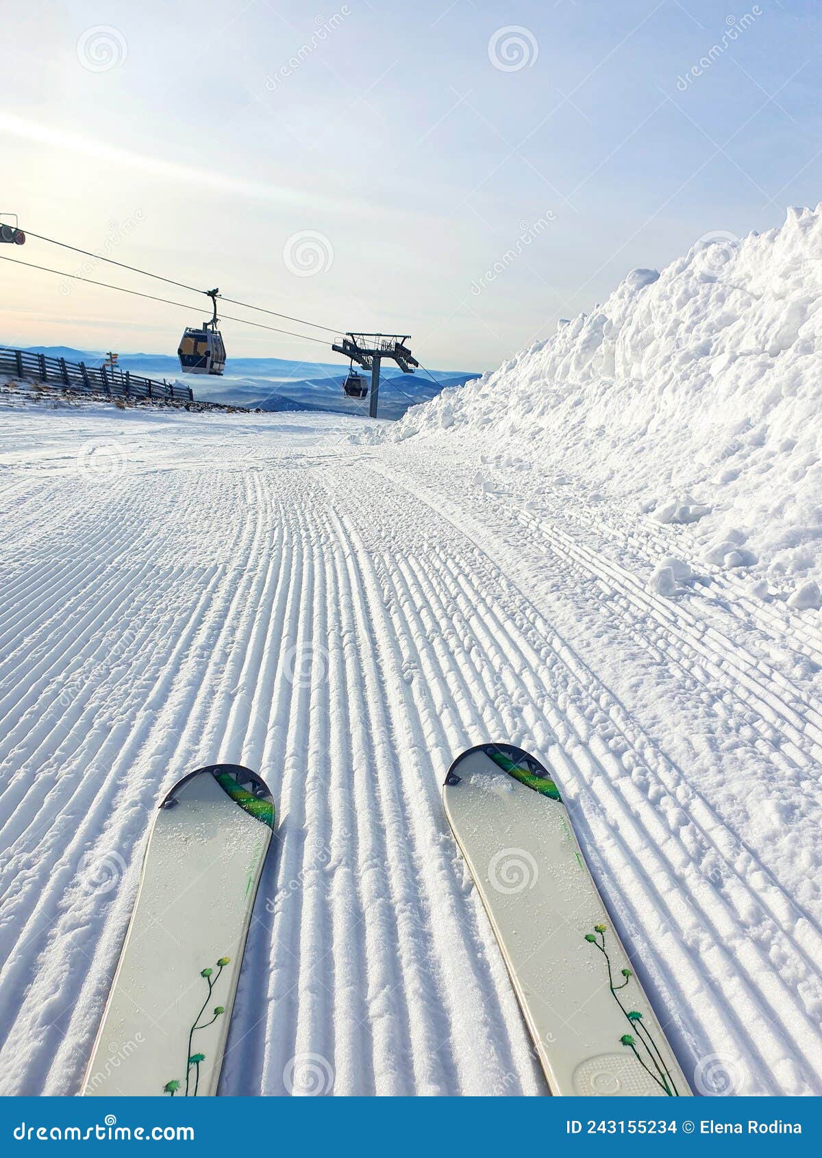 Skiing Downhill. Downhill Skiing on a Squandered Closeup Stock Photo