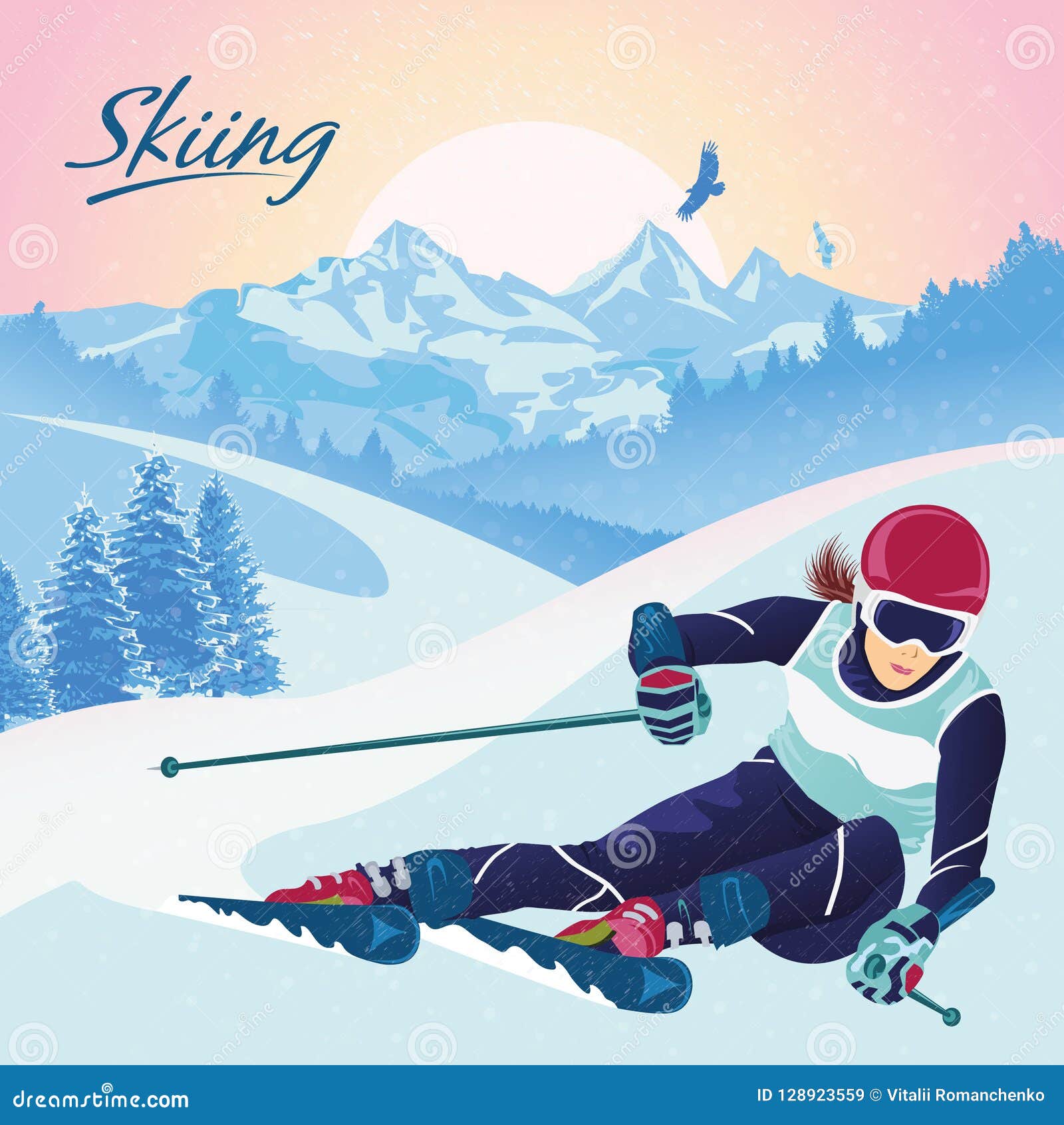 Skiing in the Mountains. Vector Illustration that Promotes Recreation ...