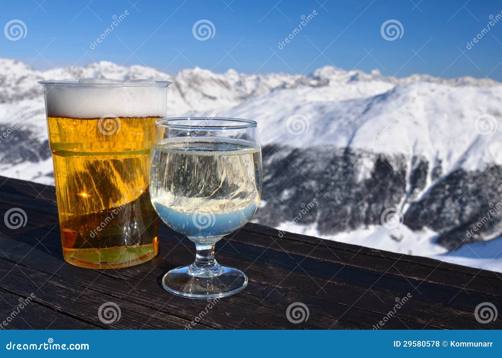 Skiing Resort. Glasses with Beer and White Wine. Stock Photo Image of
