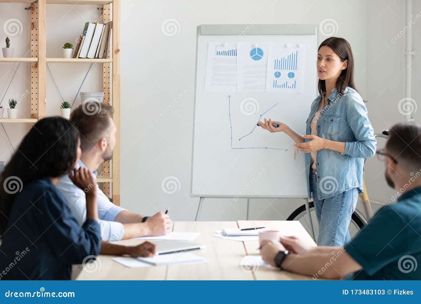 skilled female marketing specialist explaining research results to investors.