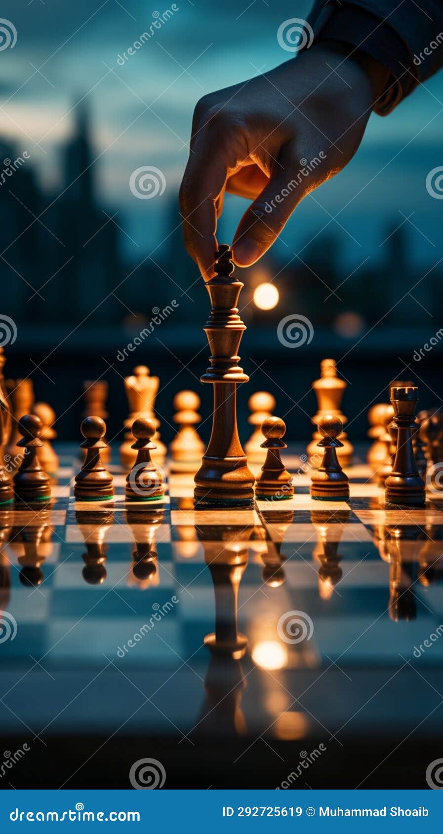 A skilled hand deftly slides a chess piece marked Chess across