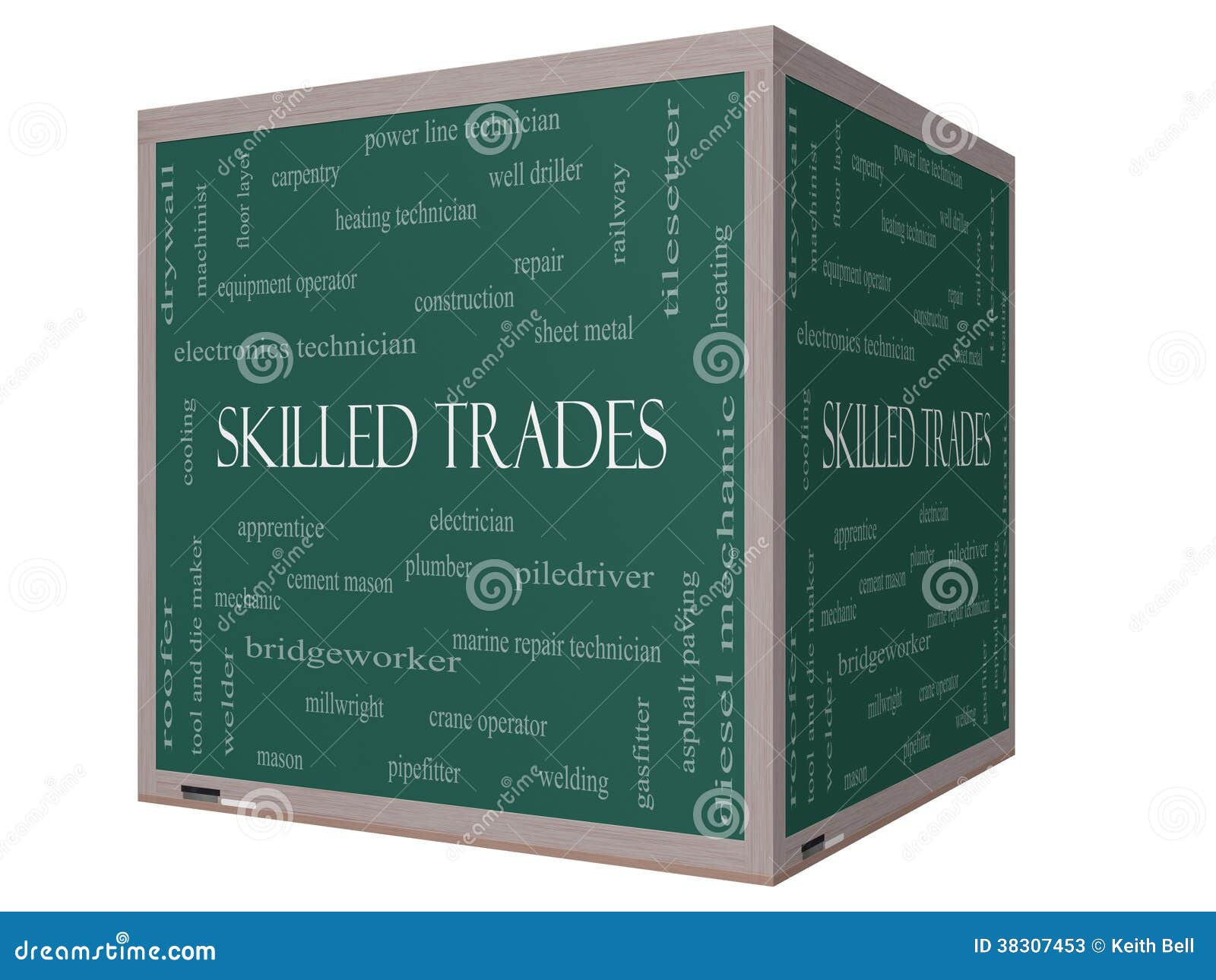 skilled trades word cloud concept on a 3d cube blackboard