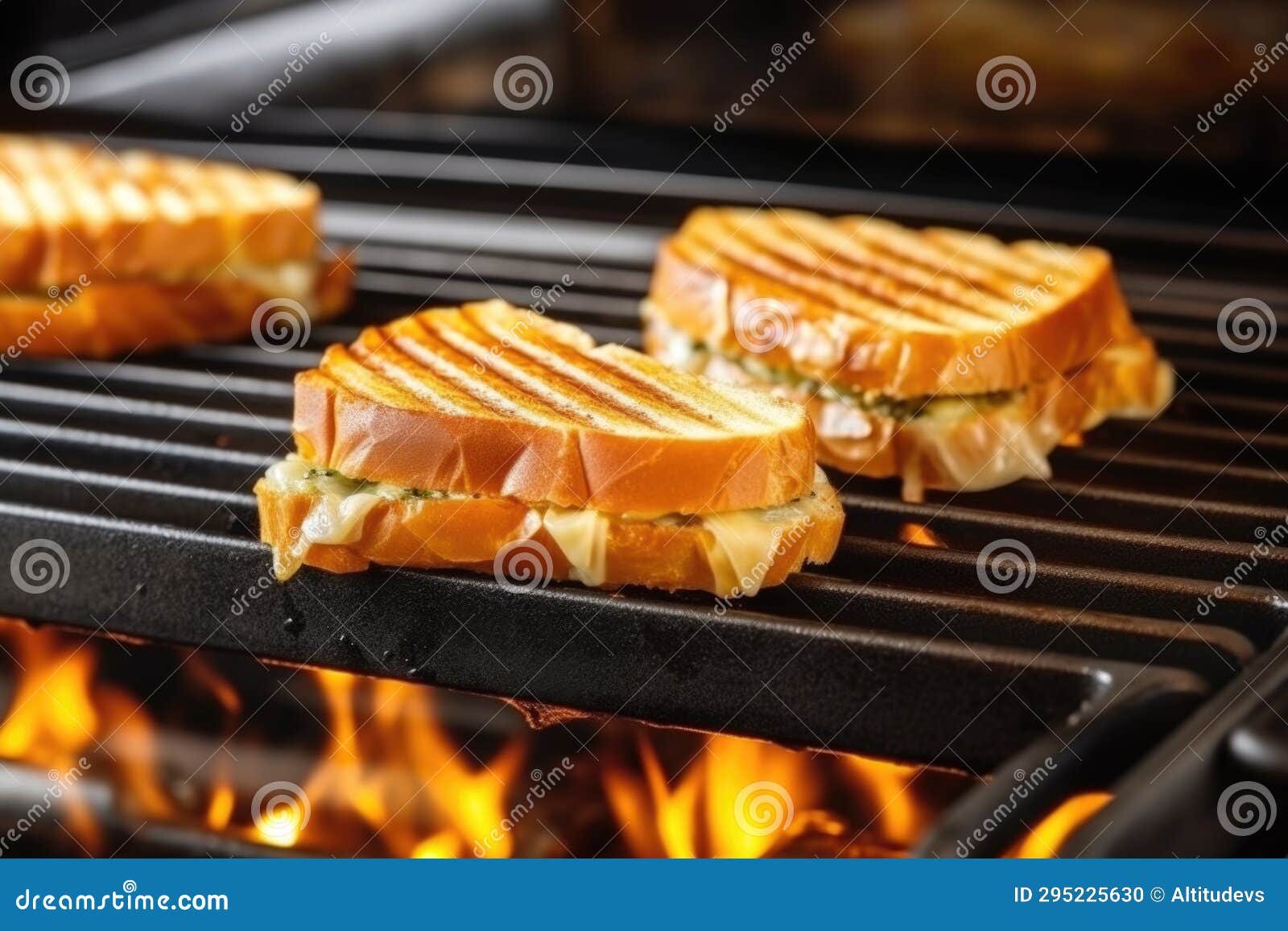 Skillet with Brickpressed Grilled Sandwich on Cooking Range Stock