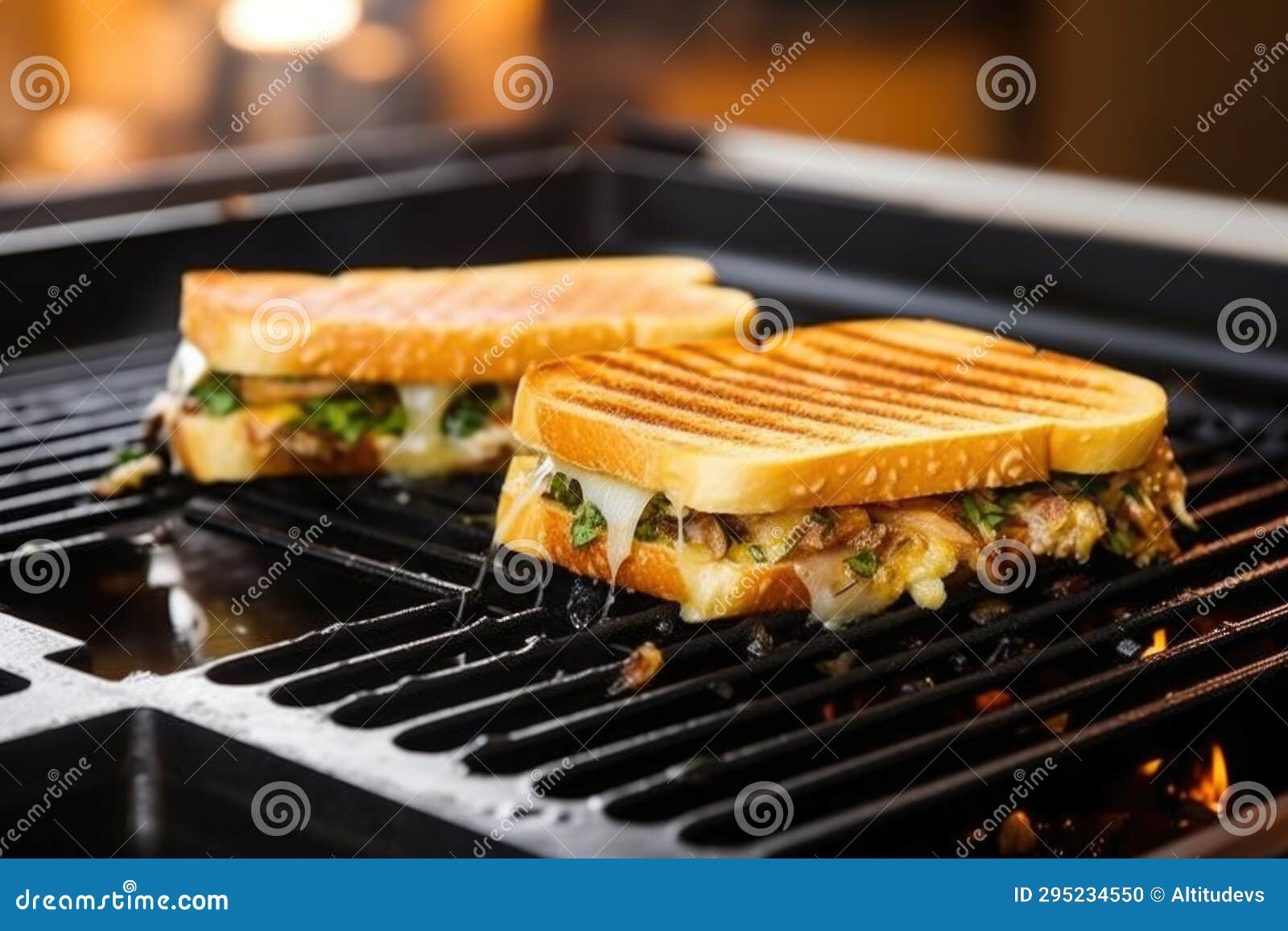Skillet with Brickpressed Grilled Sandwich on Cooking Range Stock