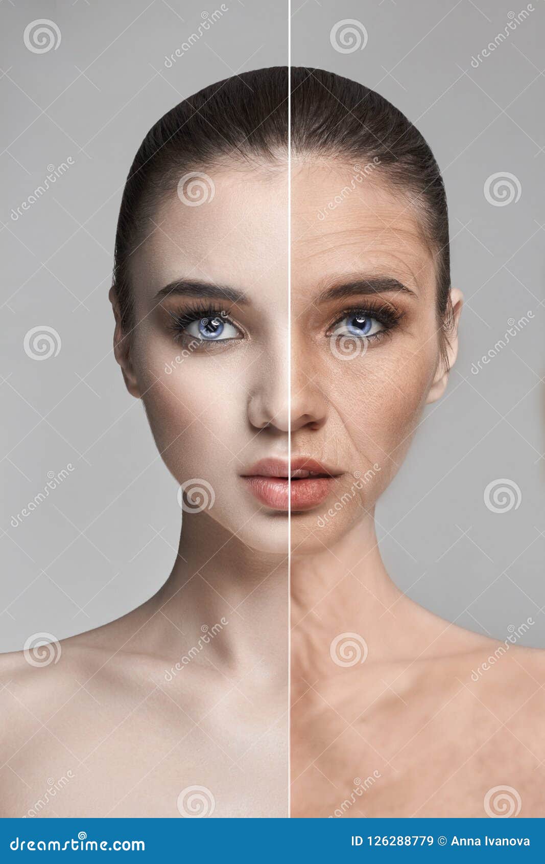skin aging, wrinkles, woman facial rejuvenation. skin care, recovery and regeneration of the skin. before and after. woman aging