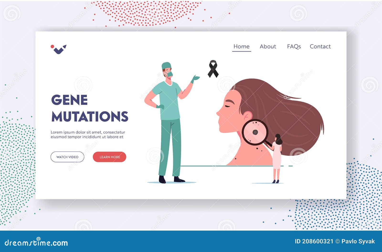 skin cancer, melanoma dermatology problem landing page template. tiny doctor oncologist character examine woman mole