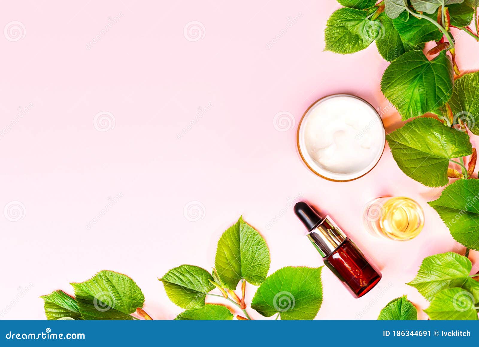 Skin Care Products, Natural Cosmetic. Flat Lay Image on Pink Background  Stock Image - Image of leaf, concept: 186344691