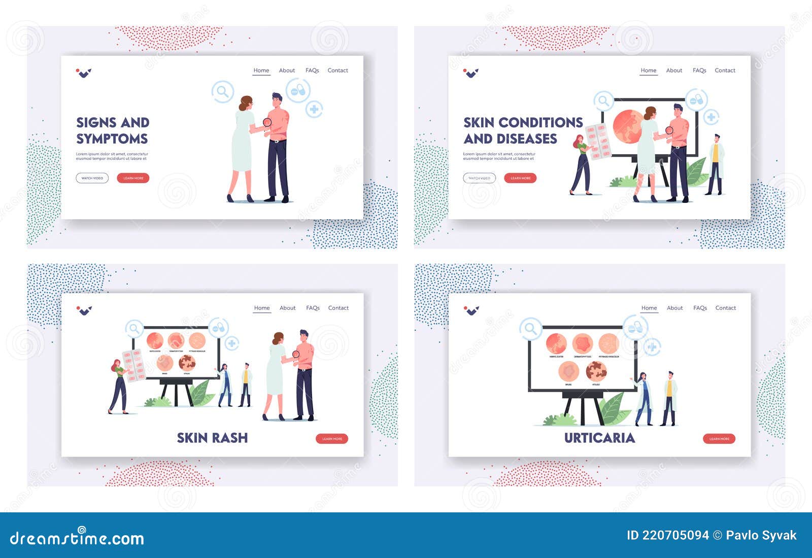 skin rash landing page template set. tiny doctors presenting infographics diseases herpes zoster, pityriasis versicolor