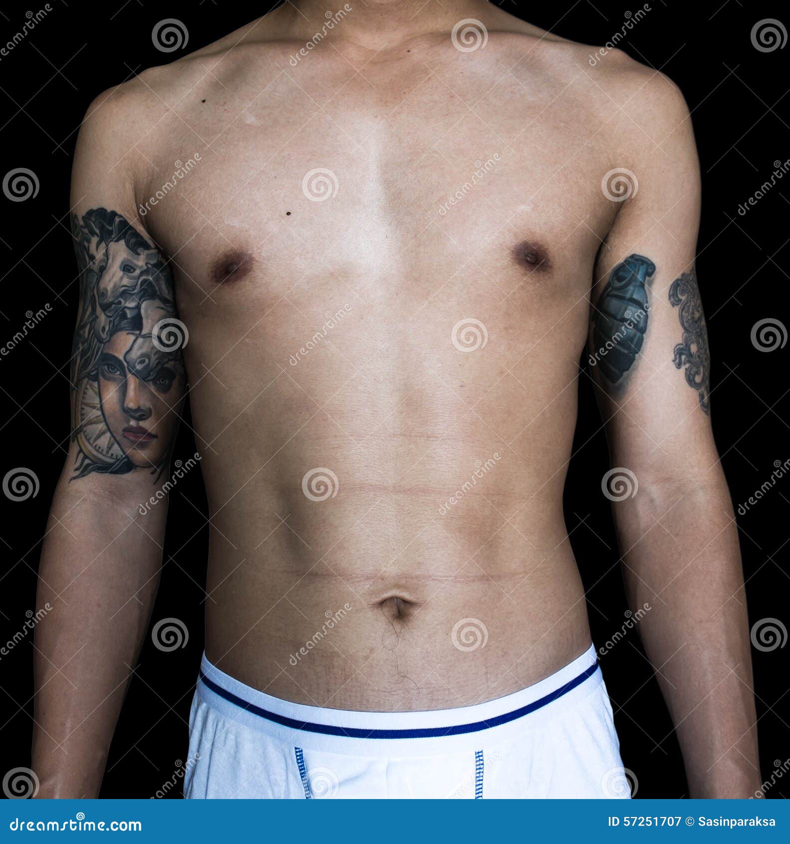 Skinny Asian Guy Body Part with Tattoos Editorial Photography - Image