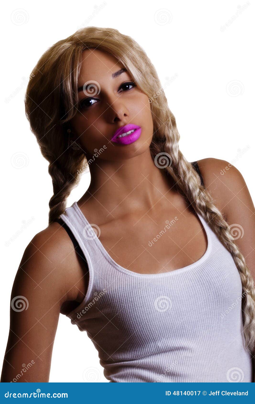 Skinny Light Skinned Black Woman White Tee Shirt Stock Image