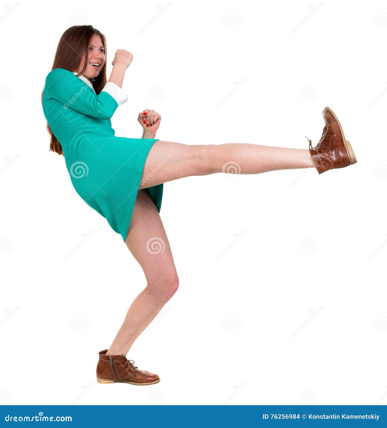 skinny woman funny fights waving his arms and legs.