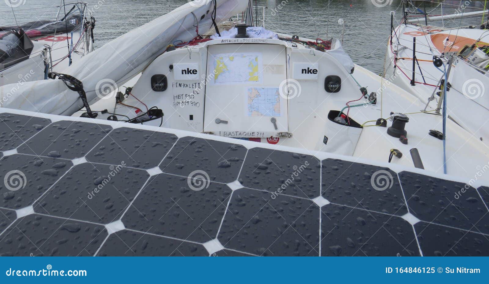 skipper with solar panel in martinique. antilles. french west indies.