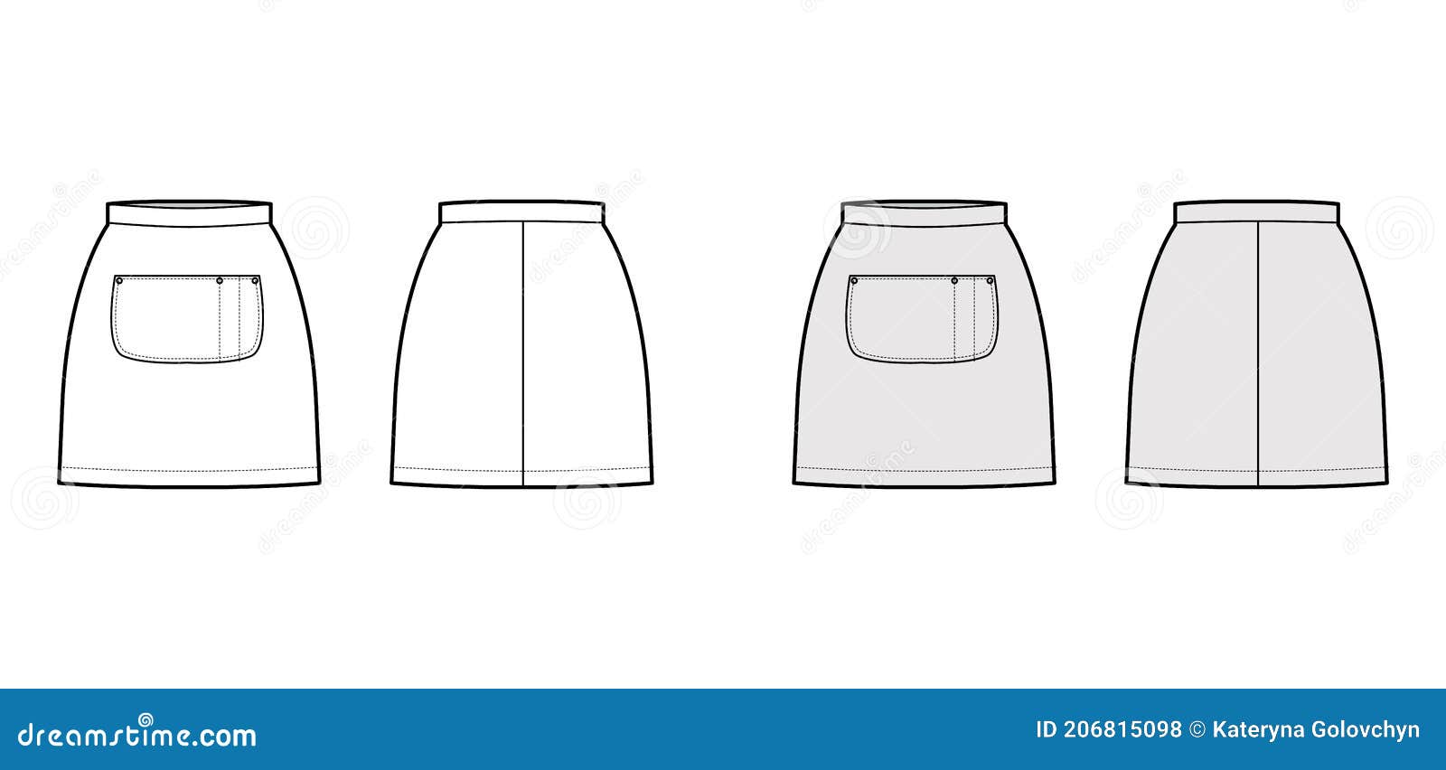 Skirt Apron Technical Fashion Illustration with Mini Silhouette, Pencil ...