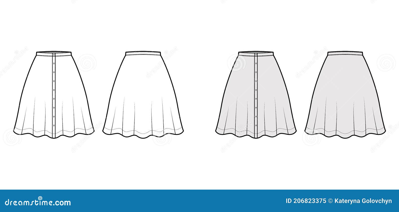 Skirt Button Down Technical Fashion Illustration with Semi-circular ...