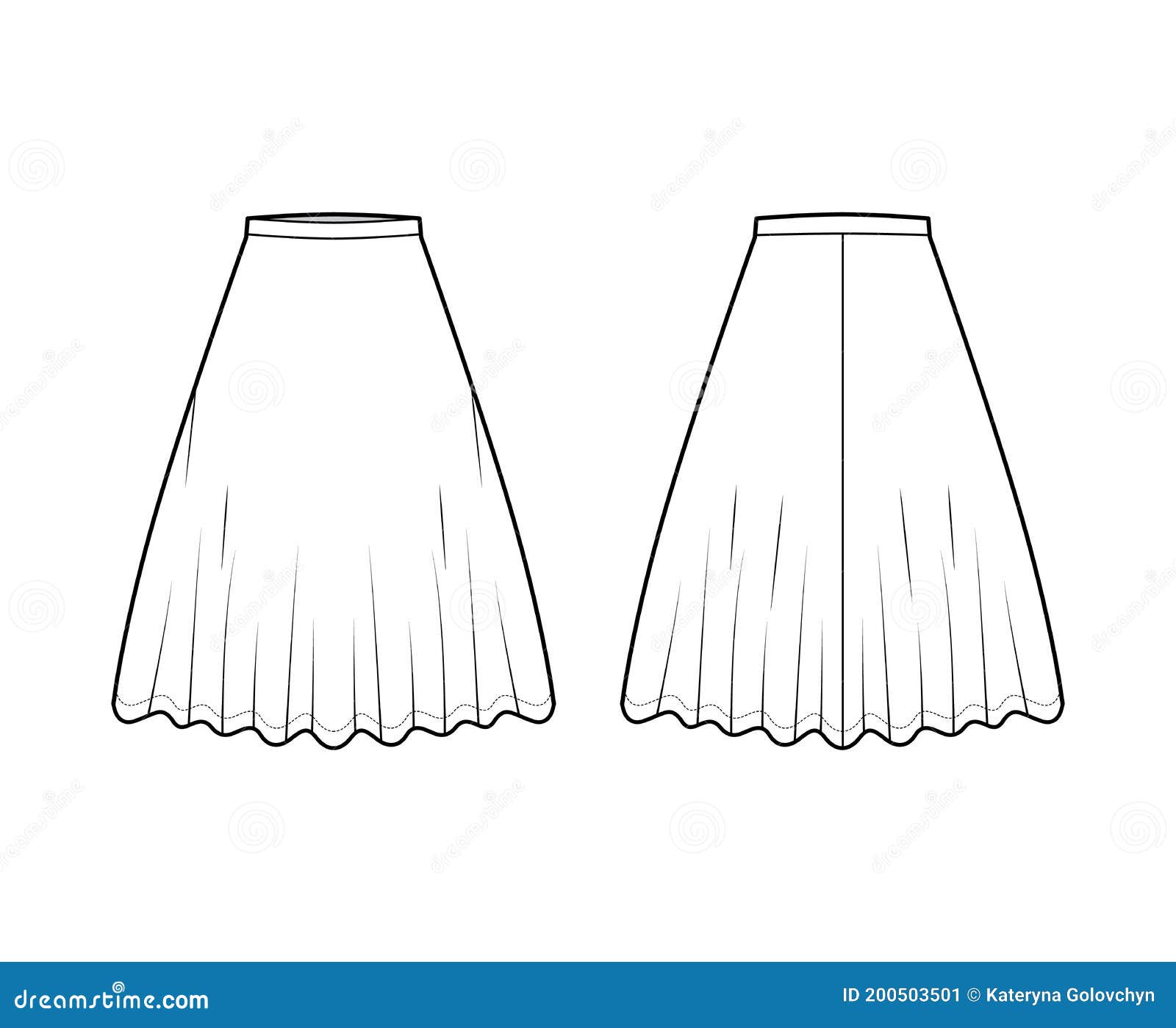 Skirt Midi Round Technical Fashion Illustration with Knee Lengths ...