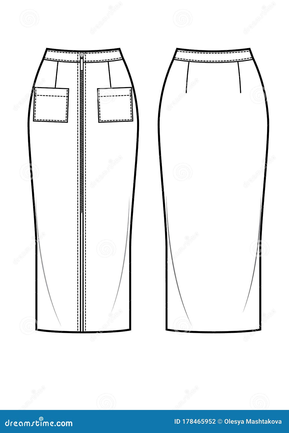 Skirt Pencil with Zipper Sketch. Zipper on Front Stock Illustration ...