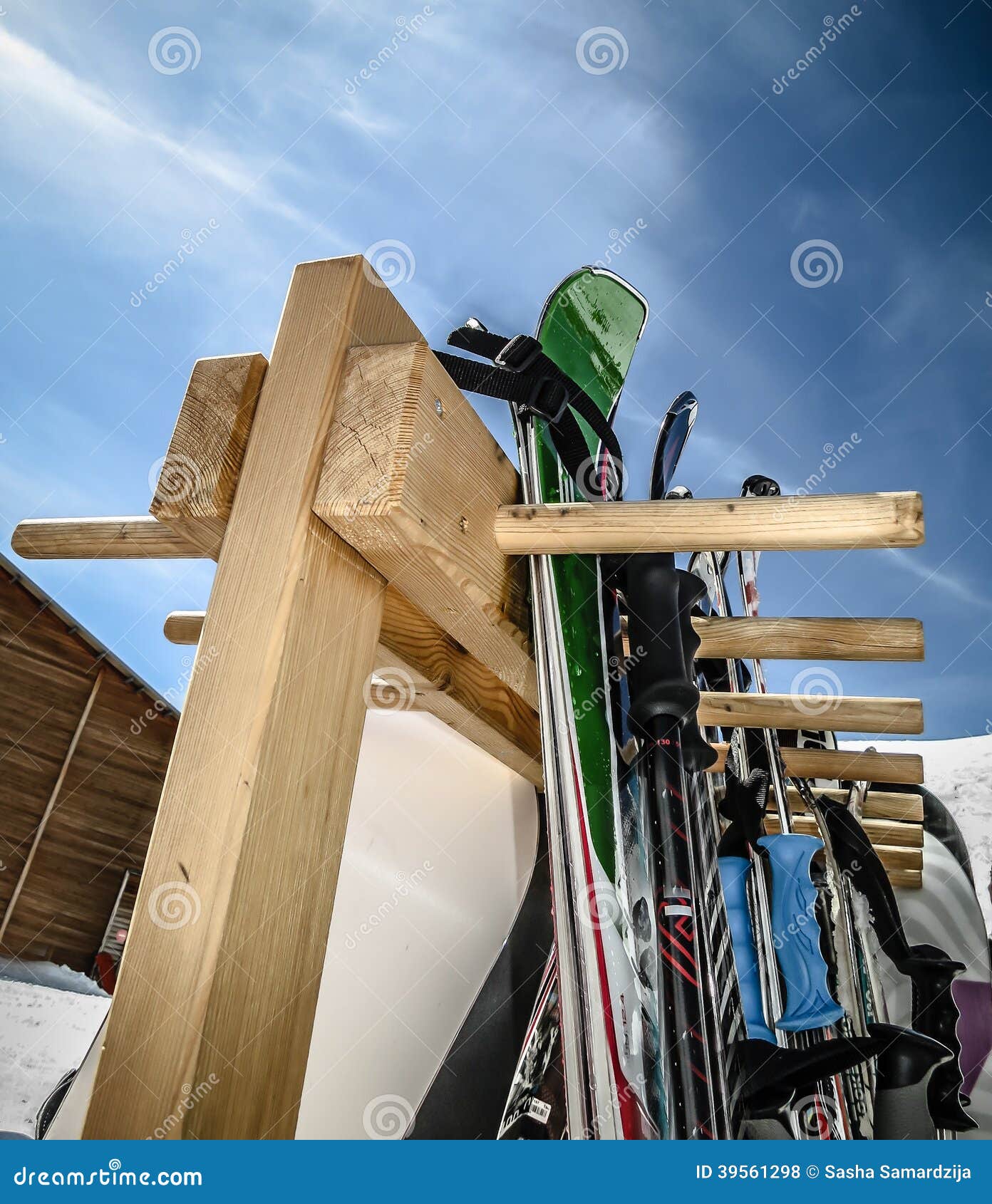 Skis on the Ski Rack on the Mountain Stock Photo Image of rack, stand