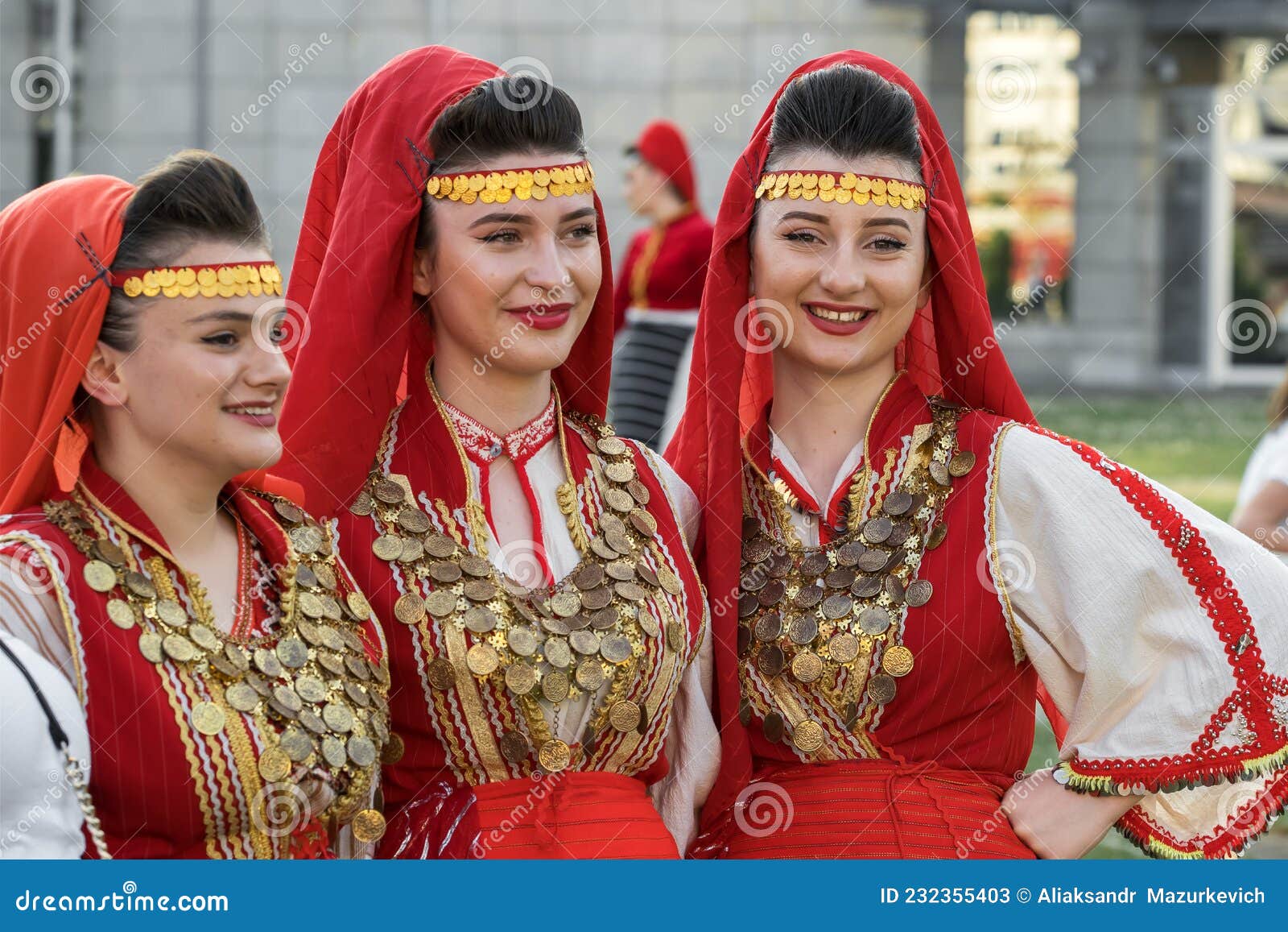 Beautiful Women in Traditional Albanian Costumes Posing for Photo