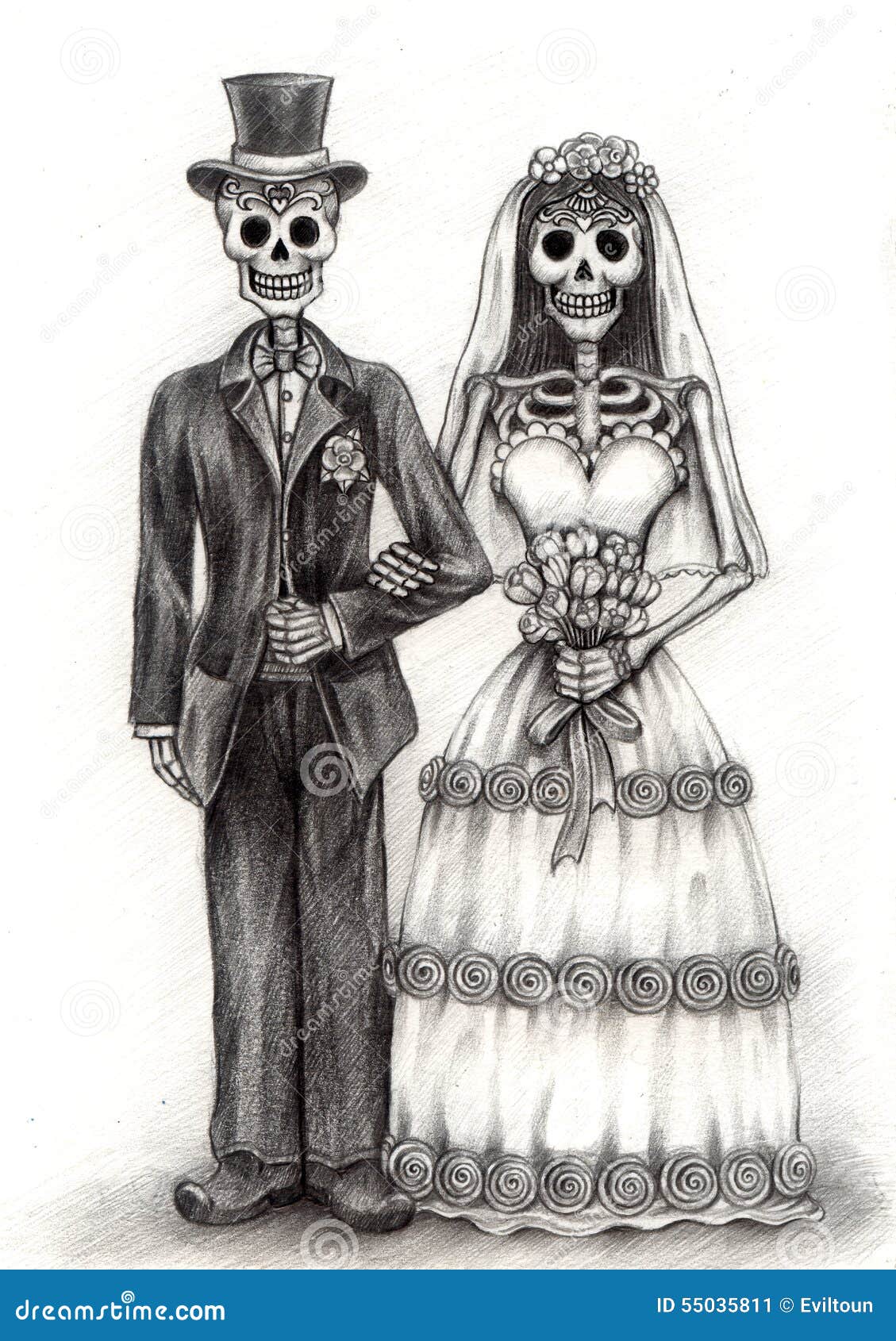 Skull Art Wedding Day Of The Dead . Hand Drawing On Paper. Stock Illustration Illustration of